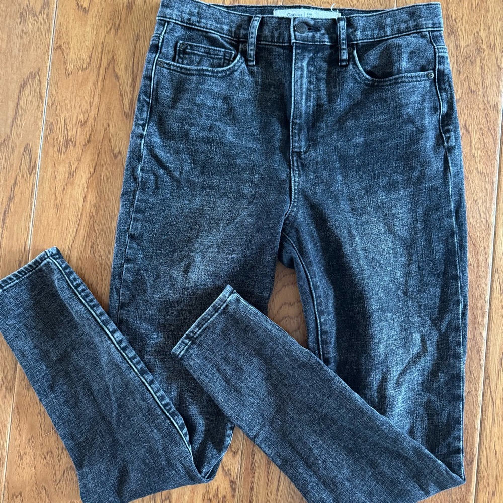 Gap 1969 True Skinny Jeans Women’s 29R Black Acid Wash Denim Super High Rise - Picture 2 of 5